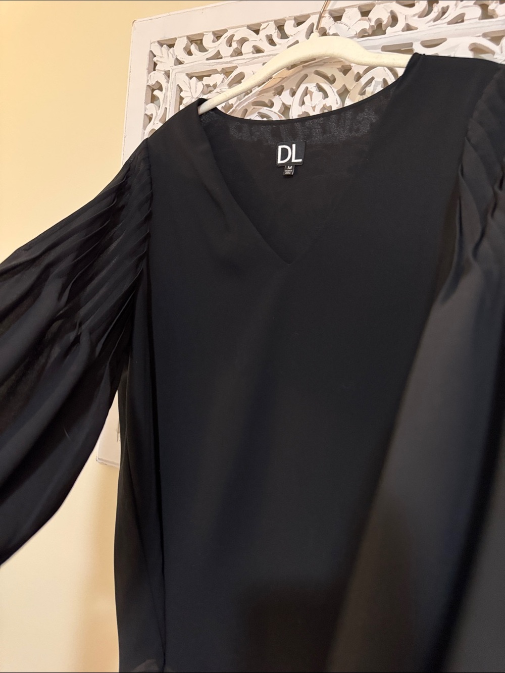 Black V-Neck Pleated Sheer Balloon Sleeve Blouse